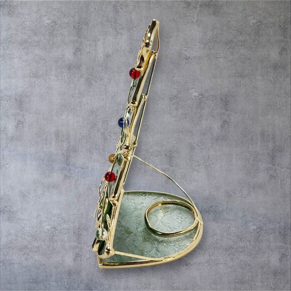 Vintage Stained Glass Christmas Tree Tea Light Candle Holder 7" Holiday Decor - Picture 5 of 12